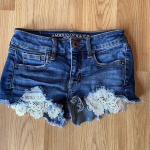 American Eagle Outfitters Distressed Blue Jean Shorts with White Lace